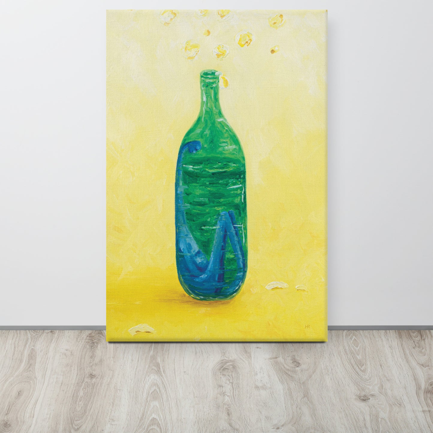 The Little Blue Blob Stuck in a Shiny Green Bottle Canvas Print