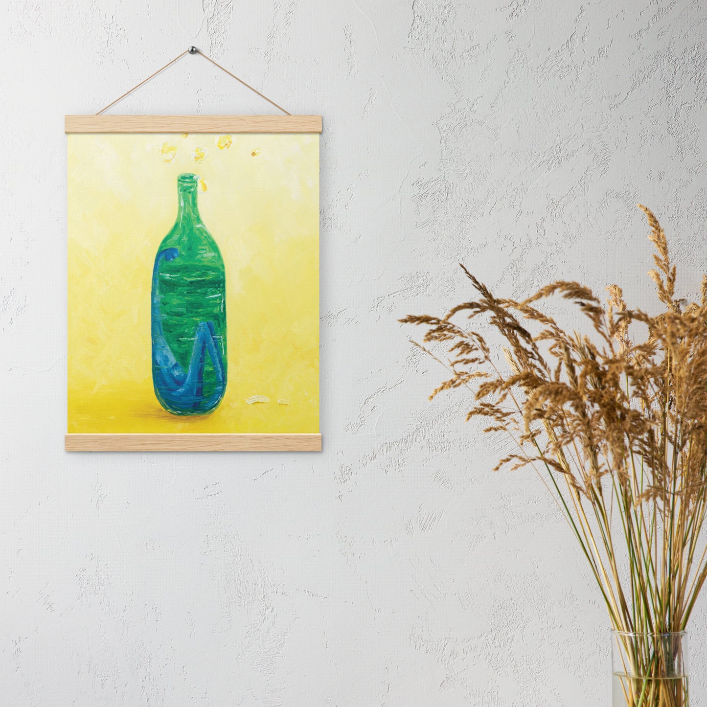 The Little Blue Blob Stuck in a Shiny Green Bottle Poster with Hanger Print