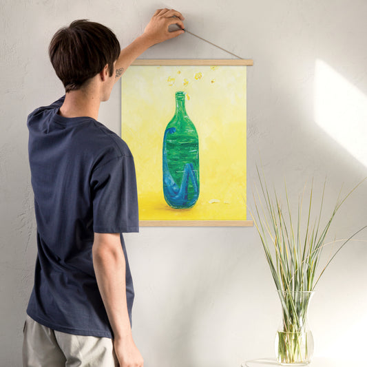 The Little Blue Blob Stuck in a Shiny Green Bottle Poster with Hanger Print