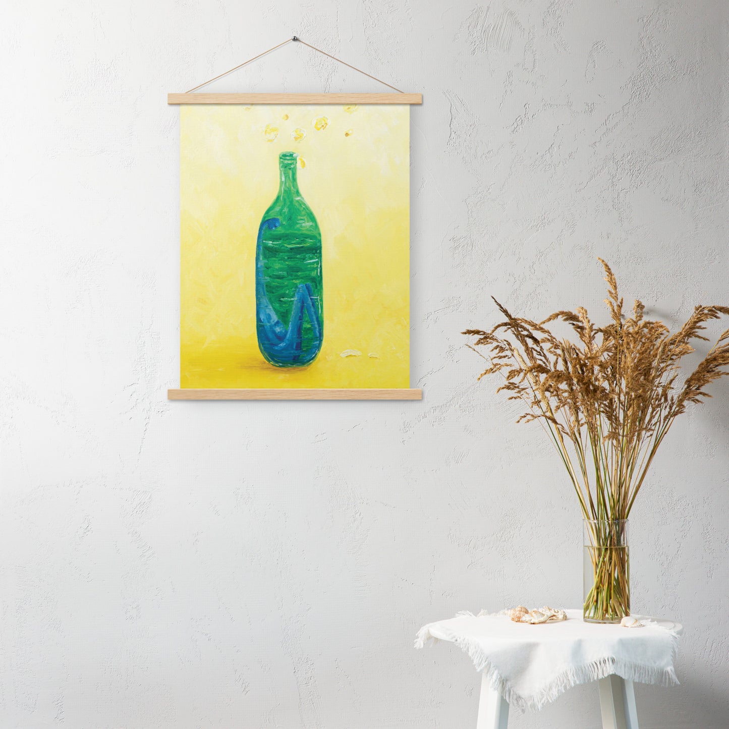 The Little Blue Blob Stuck in a Shiny Green Bottle Poster with Hanger Print