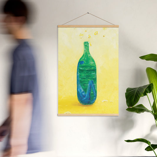 The Little Blue Blob Stuck in a Shiny Green Bottle Poster with Hanger Print