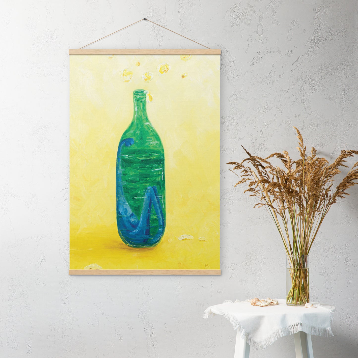 The Little Blue Blob Stuck in a Shiny Green Bottle Poster with Hanger Print