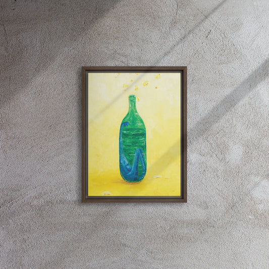 The Little Blue Blob Stuck in a Shiny Green Bottle Framed Canvas print