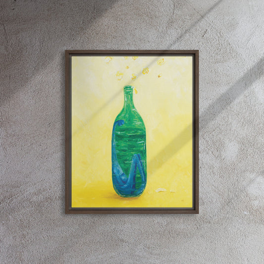 The Little Blue Blob Stuck in a Shiny Green Bottle Framed Canvas print