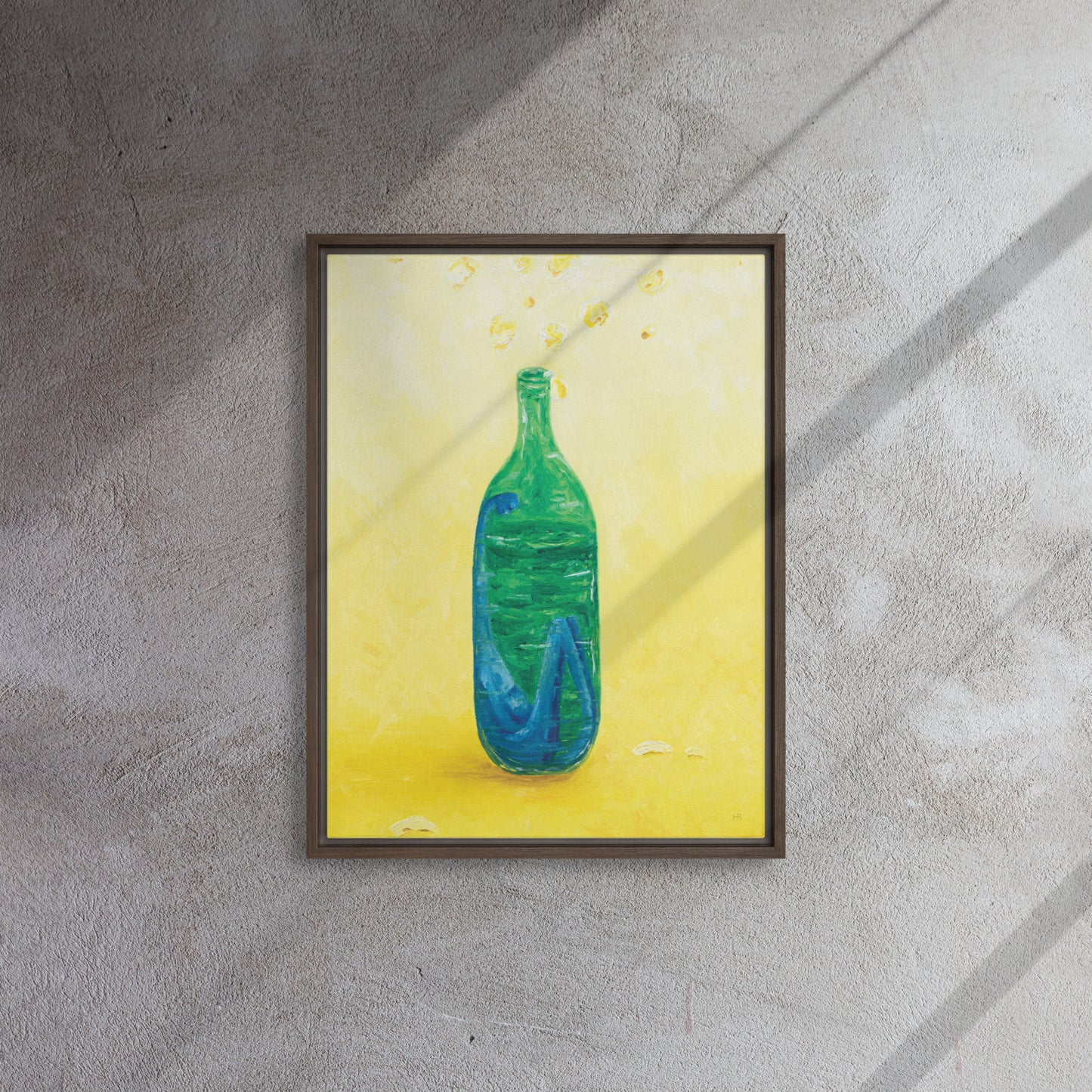 The Little Blue Blob Stuck in a Shiny Green Bottle Framed Canvas print