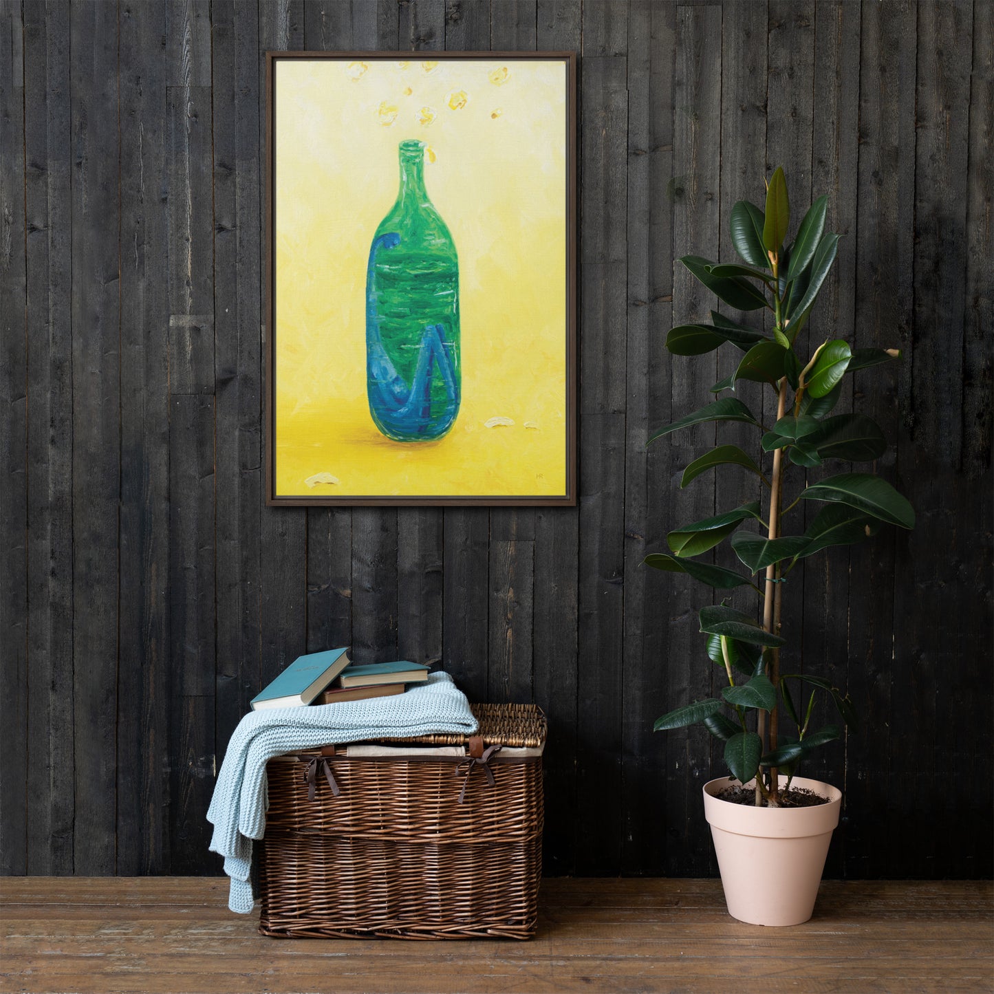 The Little Blue Blob Stuck in a Shiny Green Bottle Framed Canvas print