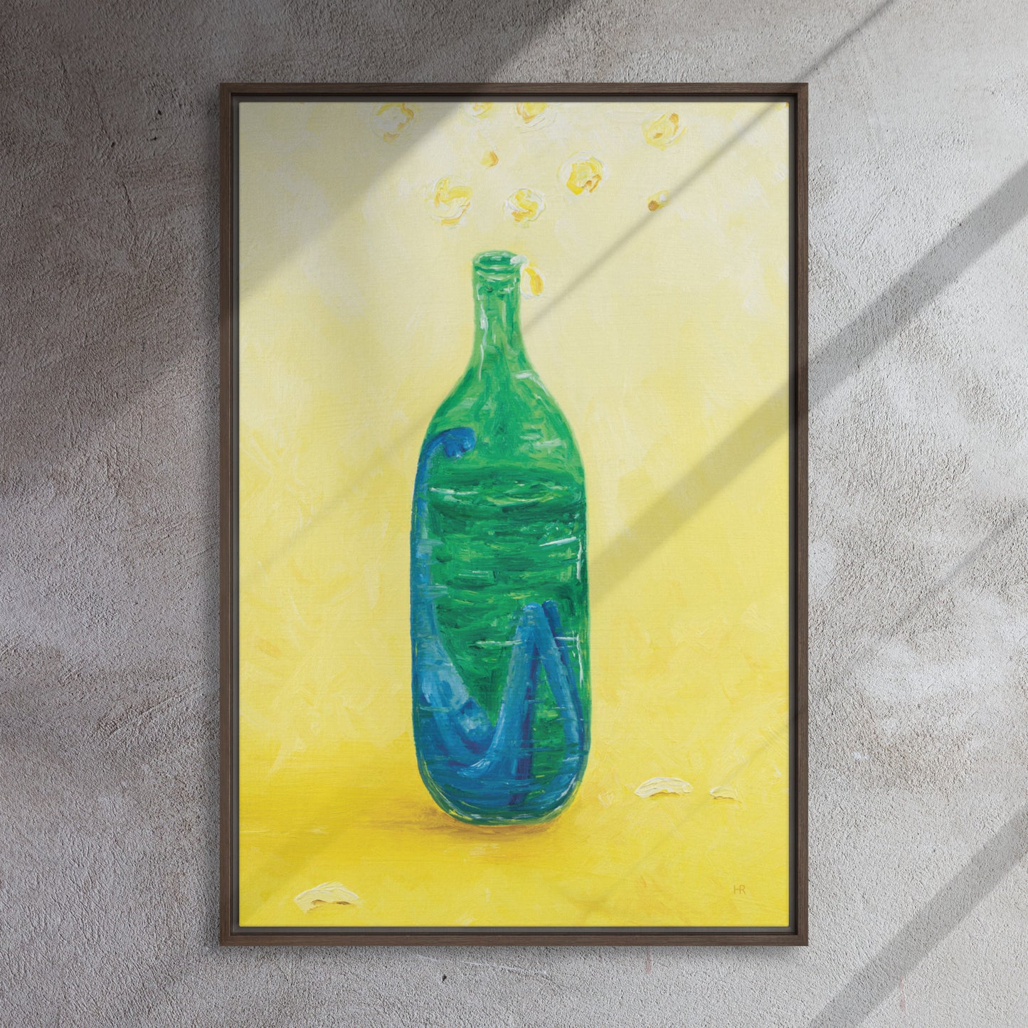 The Little Blue Blob Stuck in a Shiny Green Bottle Framed Canvas print