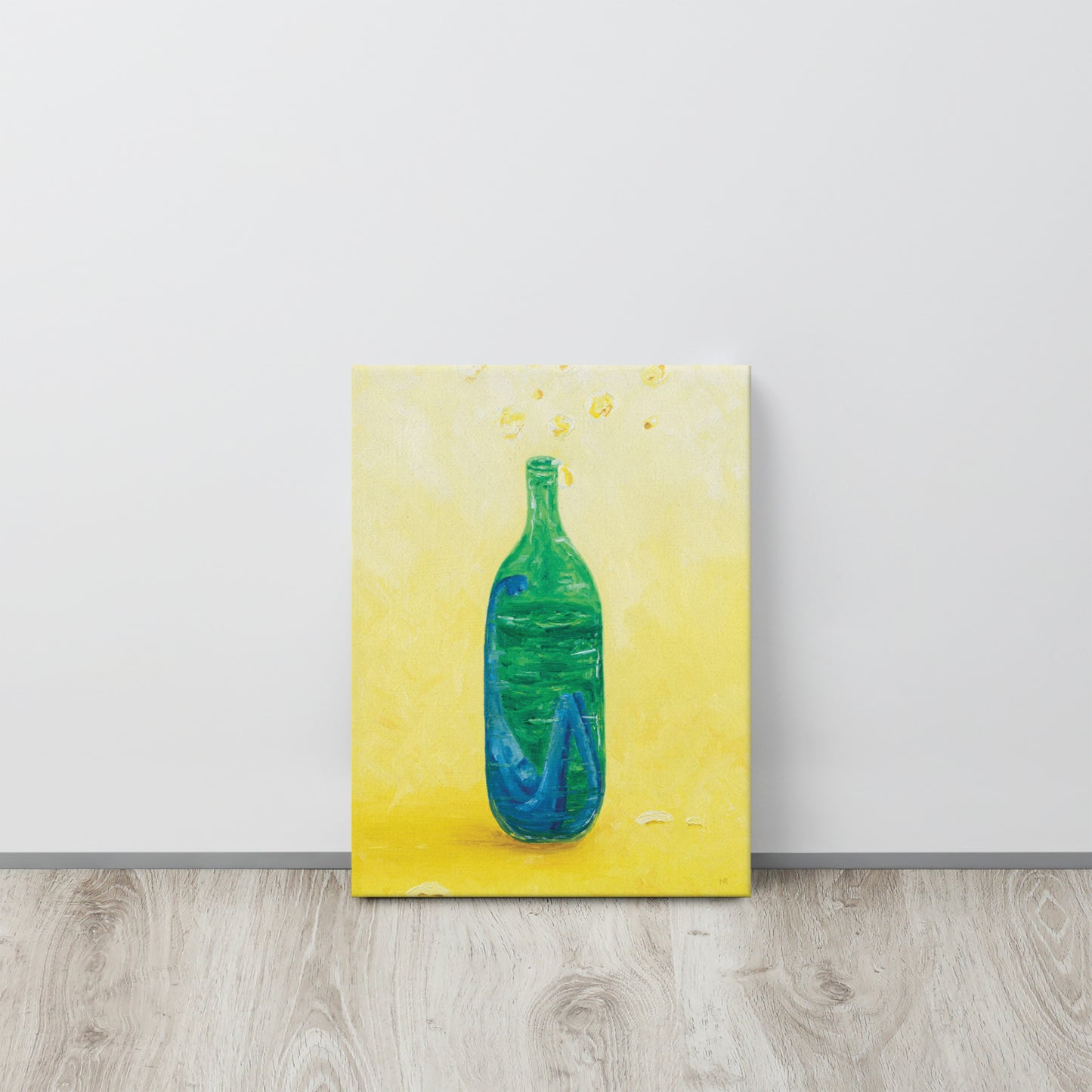 The Little Blue Blob Stuck in a Shiny Green Bottle Thin Canvas Print