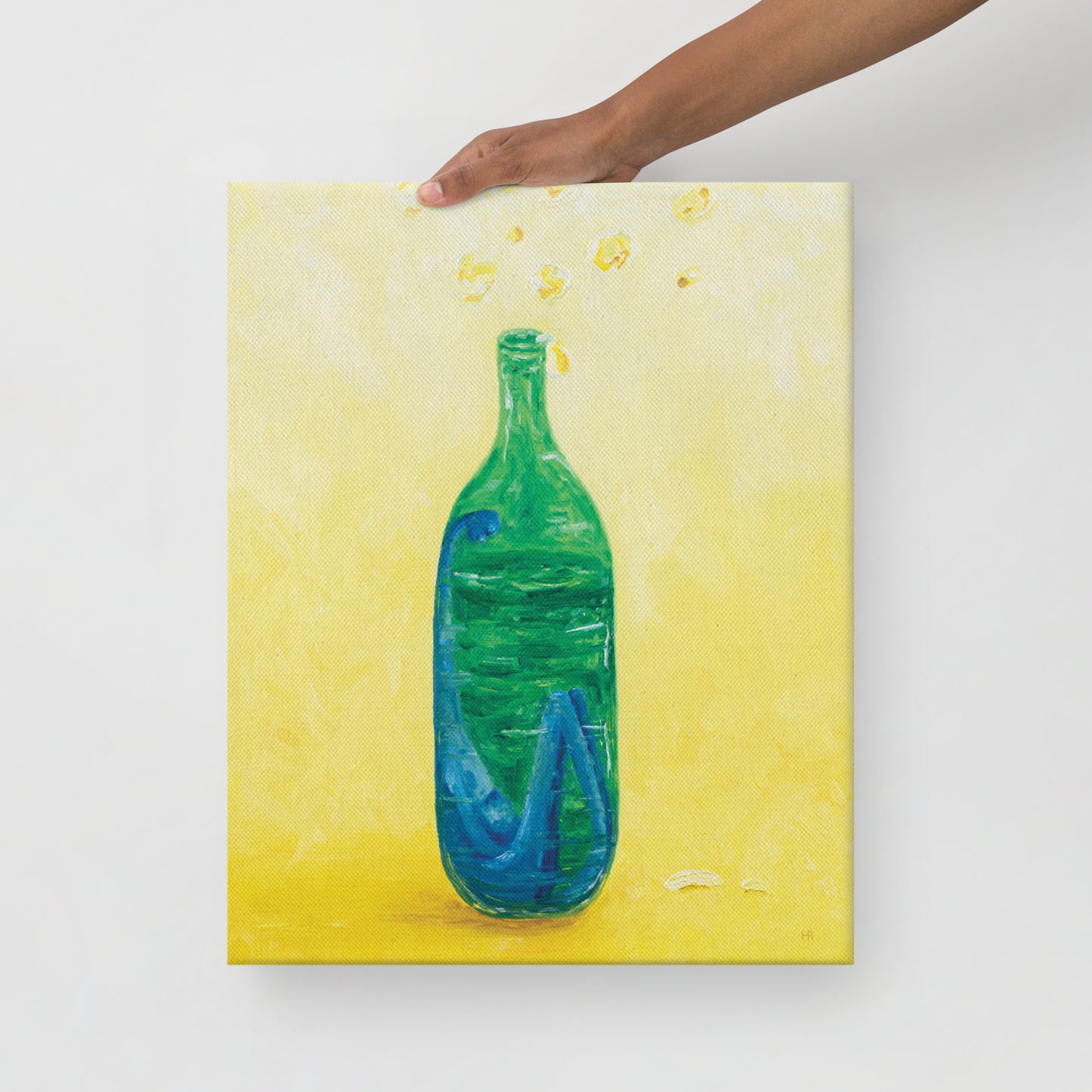 The Little Blue Blob Stuck in a Shiny Green Bottle Thin Canvas Print