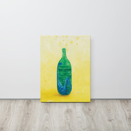 The Little Blue Blob Stuck in a Shiny Green Bottle Thin Canvas Print