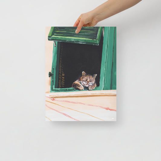 Sleeping Cat in the Green Window Poster Print