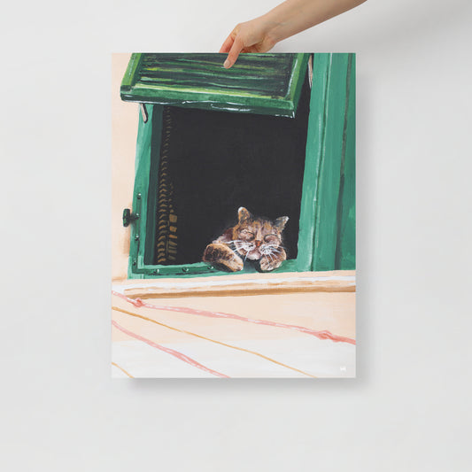 Sleeping Cat in the Green Window Poster Print